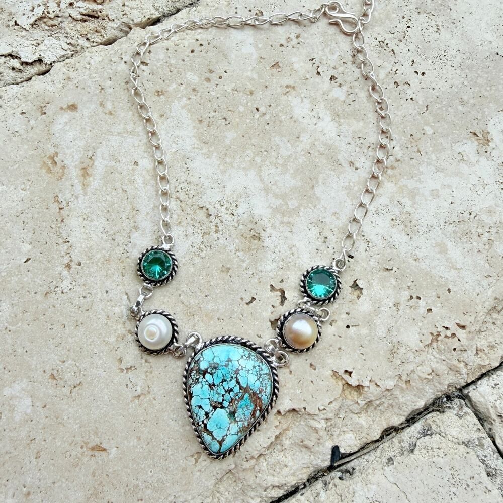 Large Turquoise Pearl Statement Necklace Sterling Silver Overlay